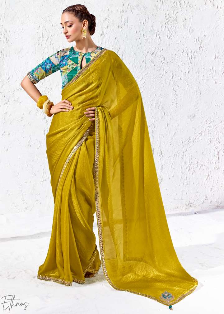 Olive Mustard Solid Body Zari Border Organza Silk Saree