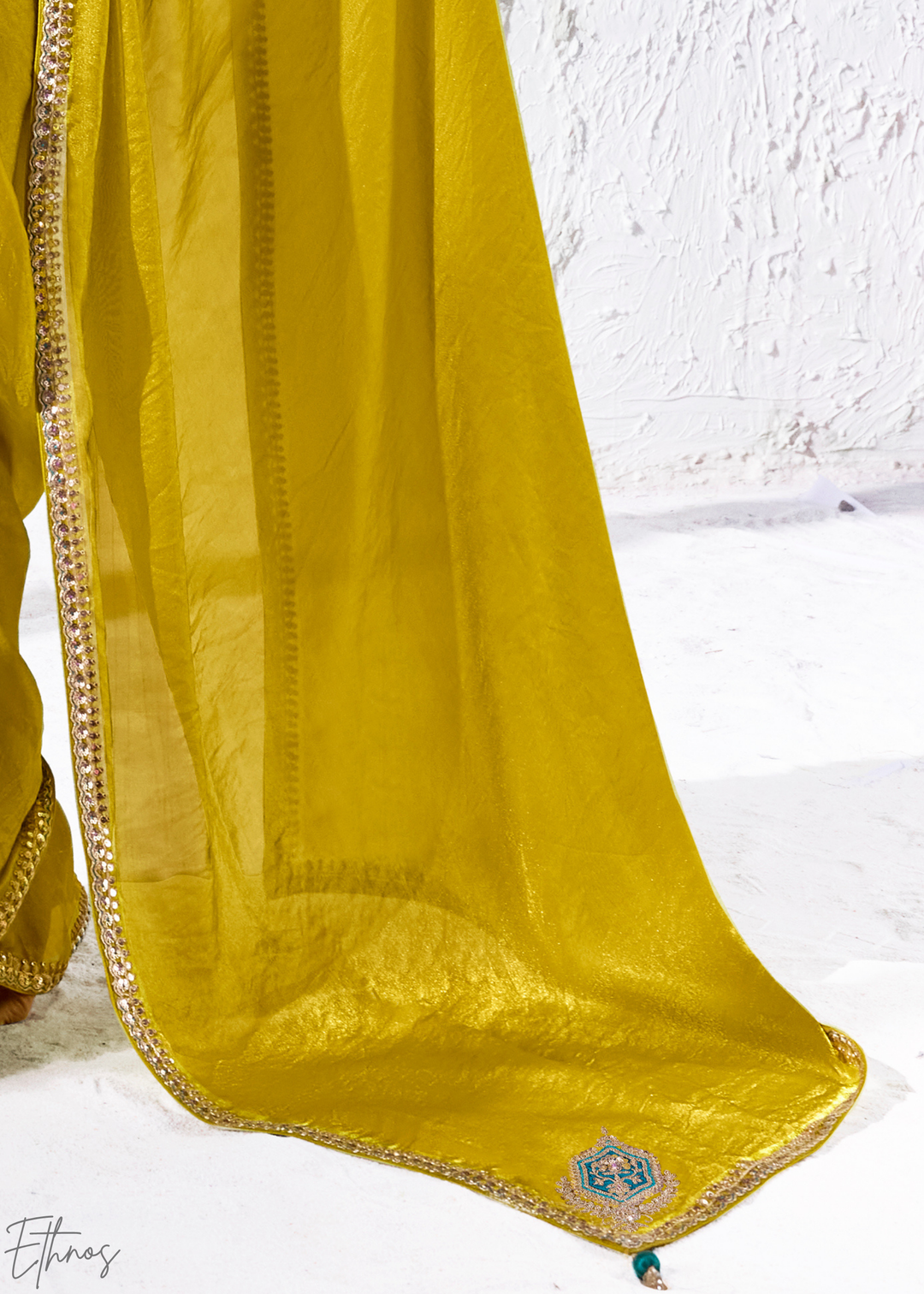 Olive Mustard Solid Body Zari Border Organza Silk Saree