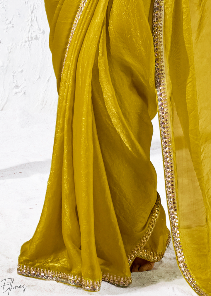 Olive Mustard Solid Body Zari Border Organza Silk Saree