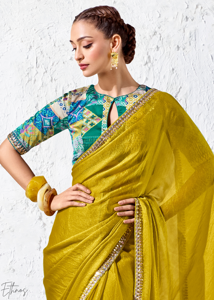 Olive Mustard Solid Body Zari Border Organza Silk Saree