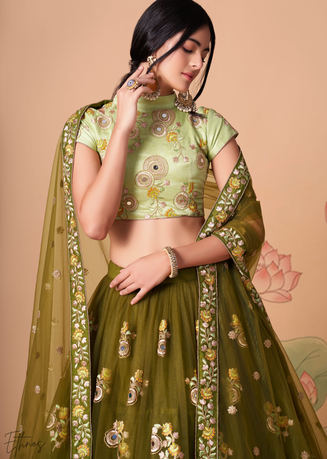 Olive Green Opulent Floral Mirror Net Lehenga