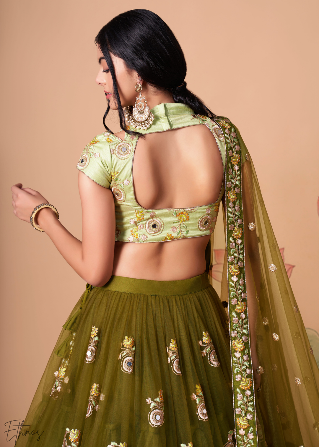 Olive Green Opulent Floral Mirror Net Lehenga
