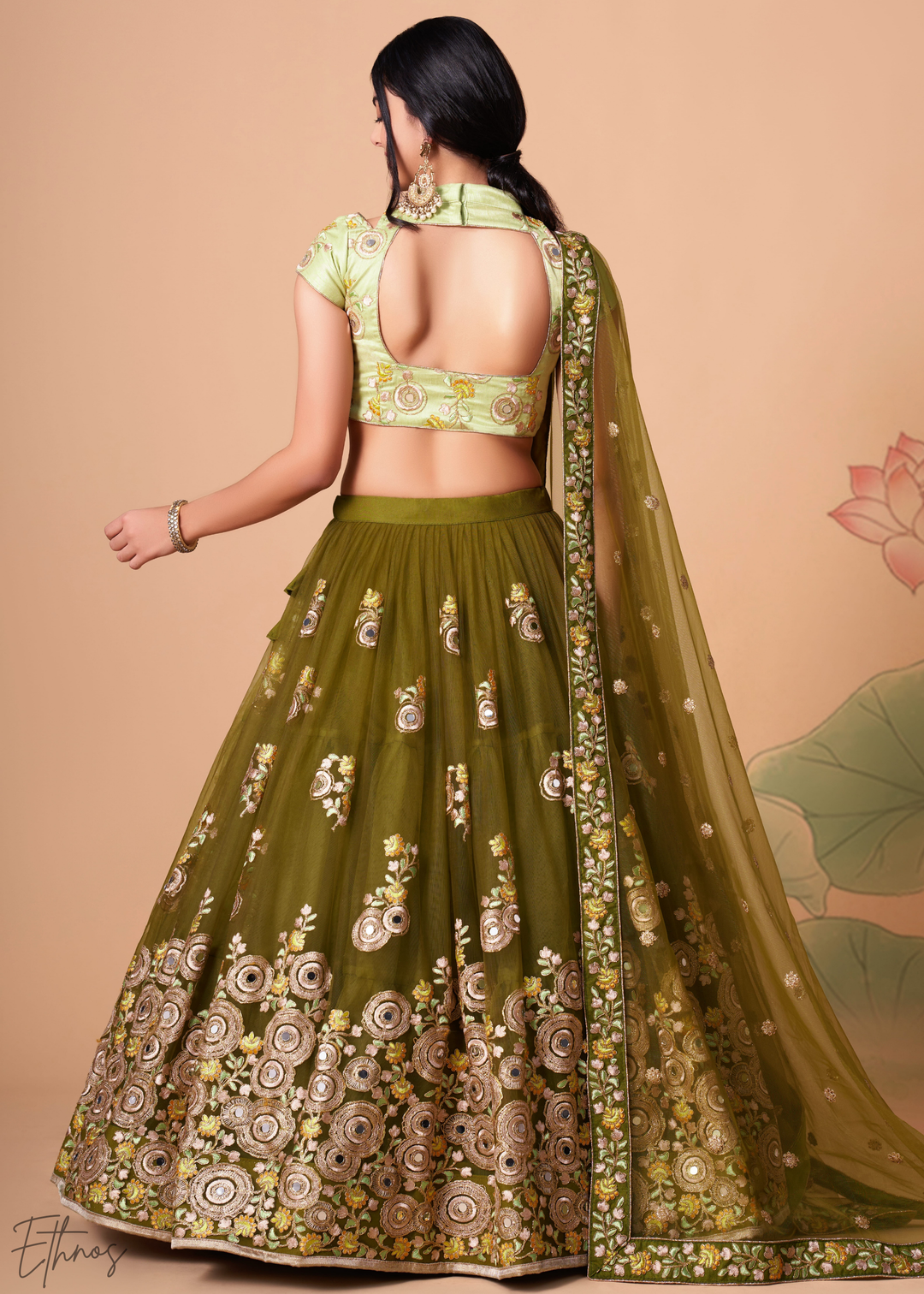 Olive Green Opulent Floral Mirror Net Lehenga
