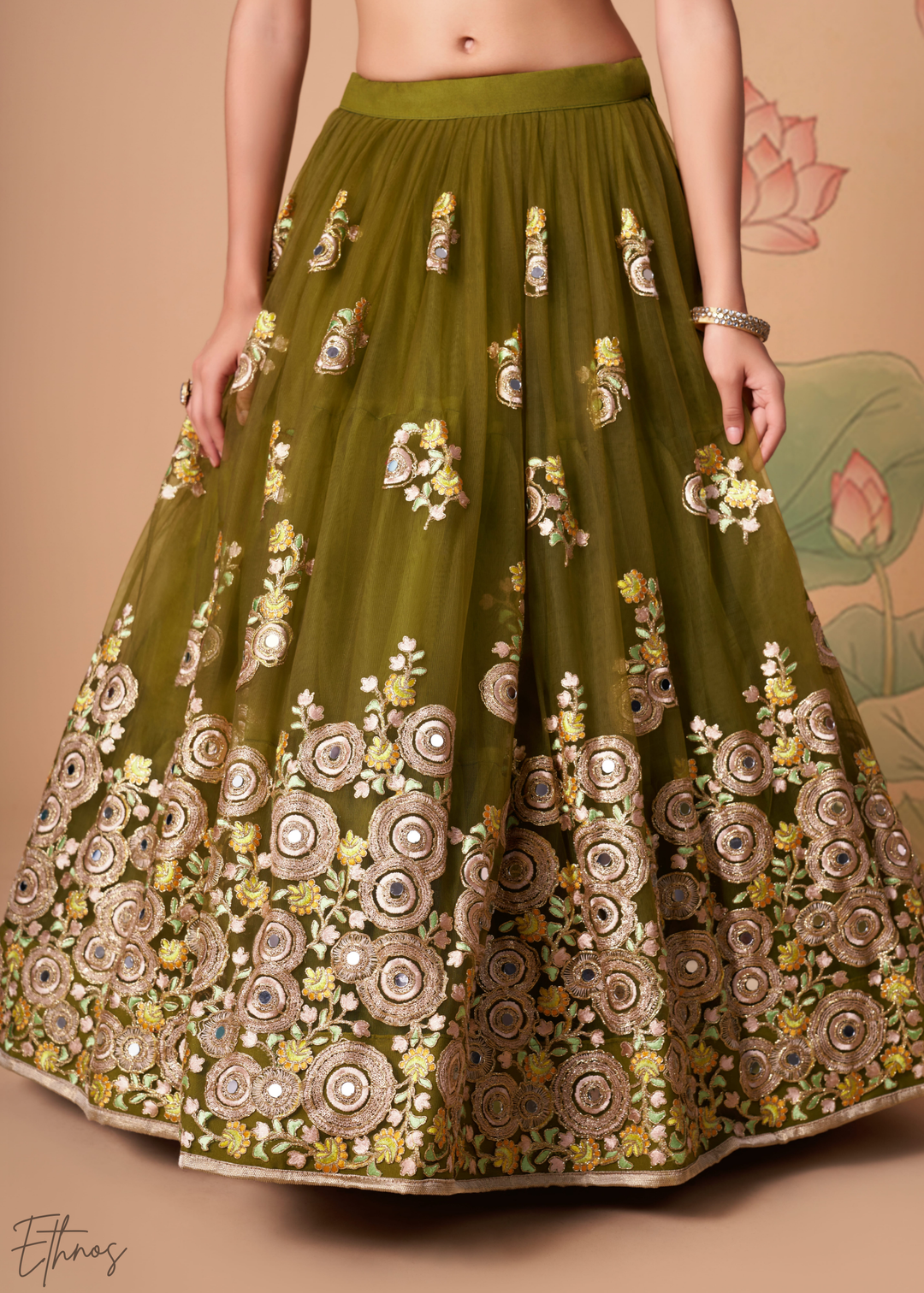 Olive Green Opulent Floral Mirror Net Lehenga