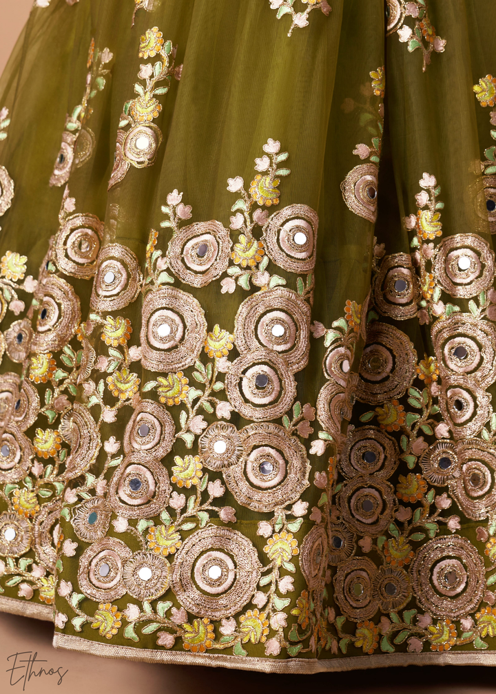 Olive Green Opulent Floral Mirror Net Lehenga