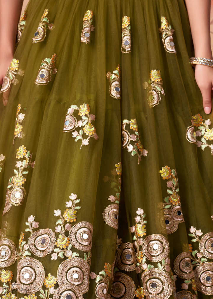 Olive Green Opulent Floral Mirror Net Lehenga