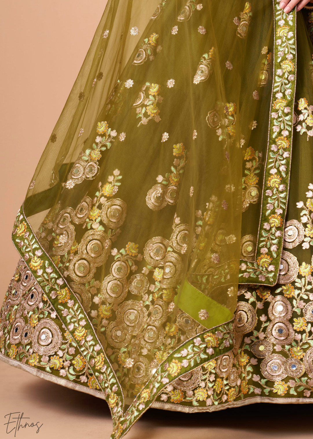 Olive Green Opulent Floral Mirror Net Lehenga