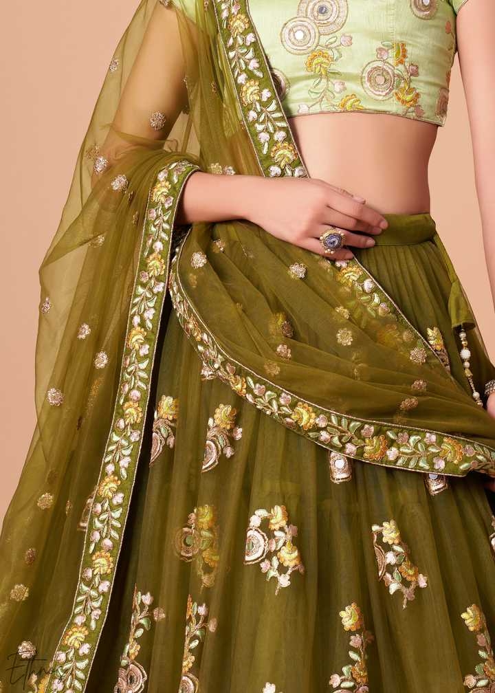 Olive Green Opulent Floral Mirror Net Lehenga