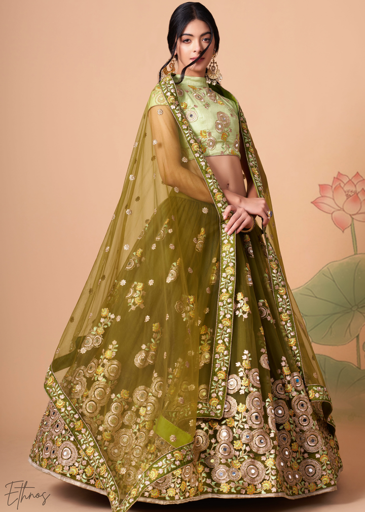 Olive Green Opulent Floral Mirror Net Lehenga