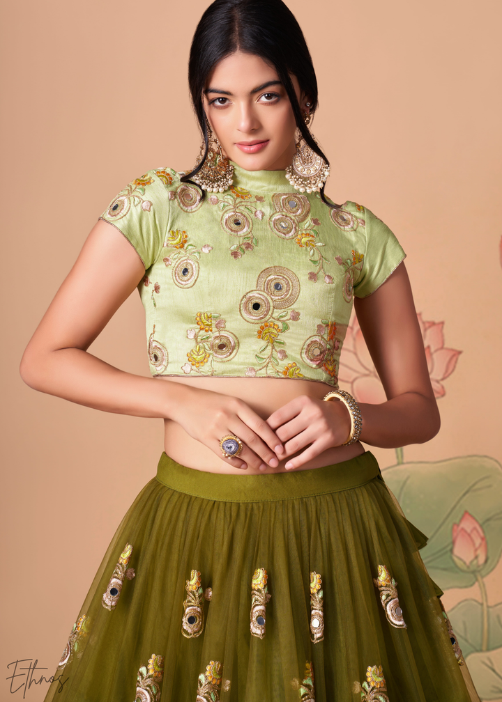 Olive Green Opulent Floral Mirror Net Lehenga