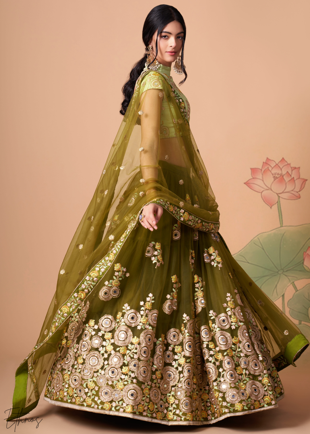 Olive Green Opulent Floral Mirror Net Lehenga