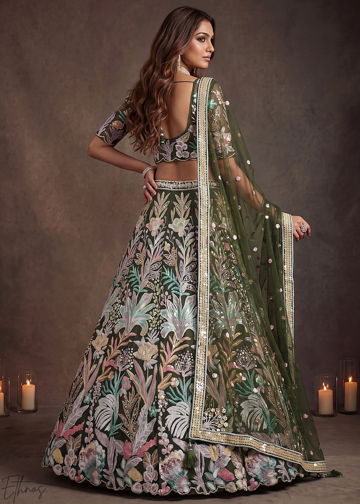 Olive Radiant Blossom Soft Net Lehenga Choli