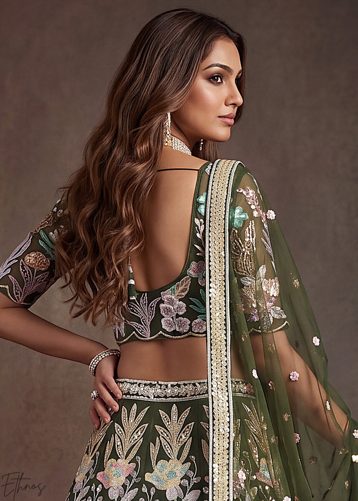 Olive Radiant Blossom Soft Net Lehenga Choli