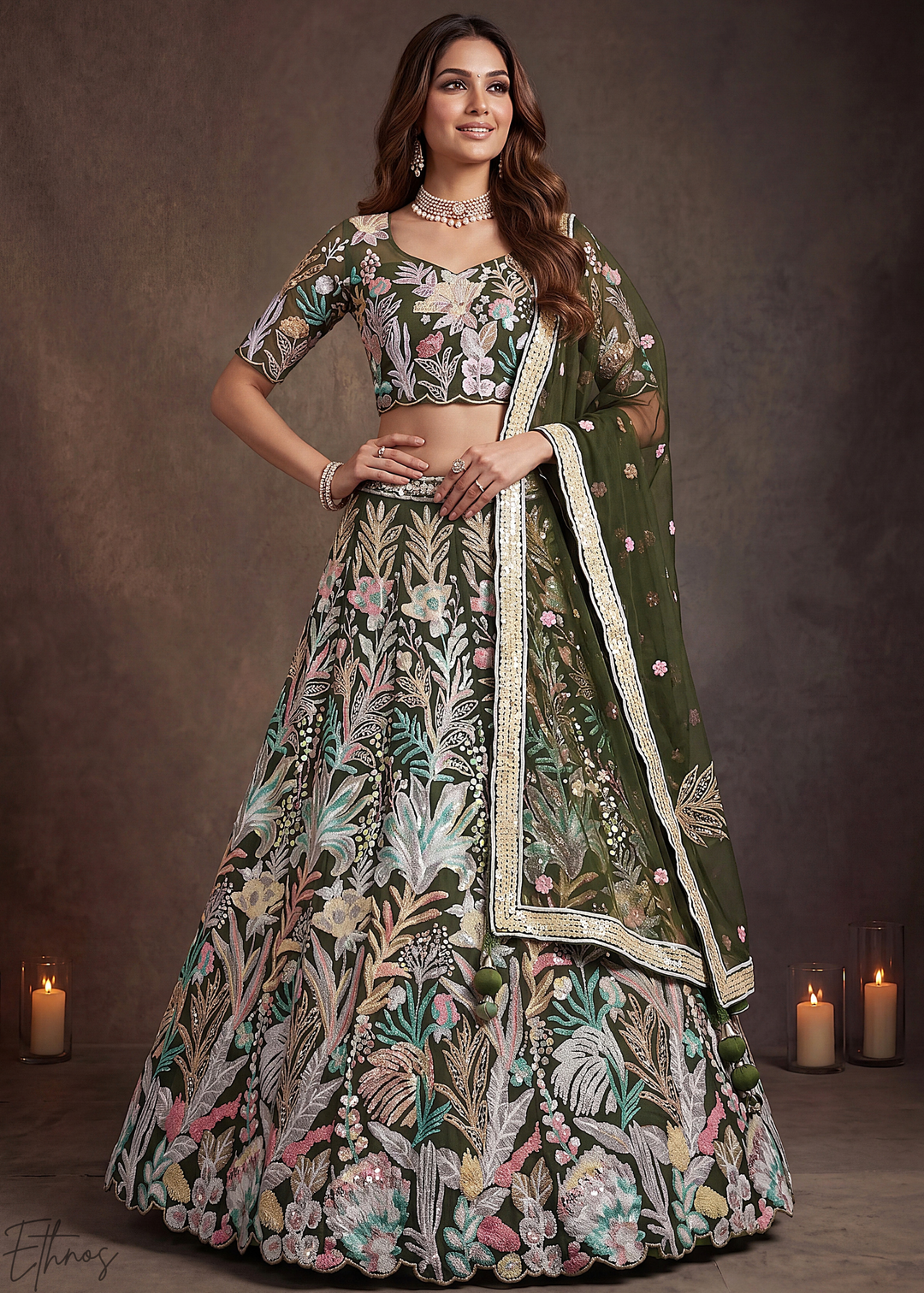 Olive Radiant Blossom Soft Net Lehenga Choli