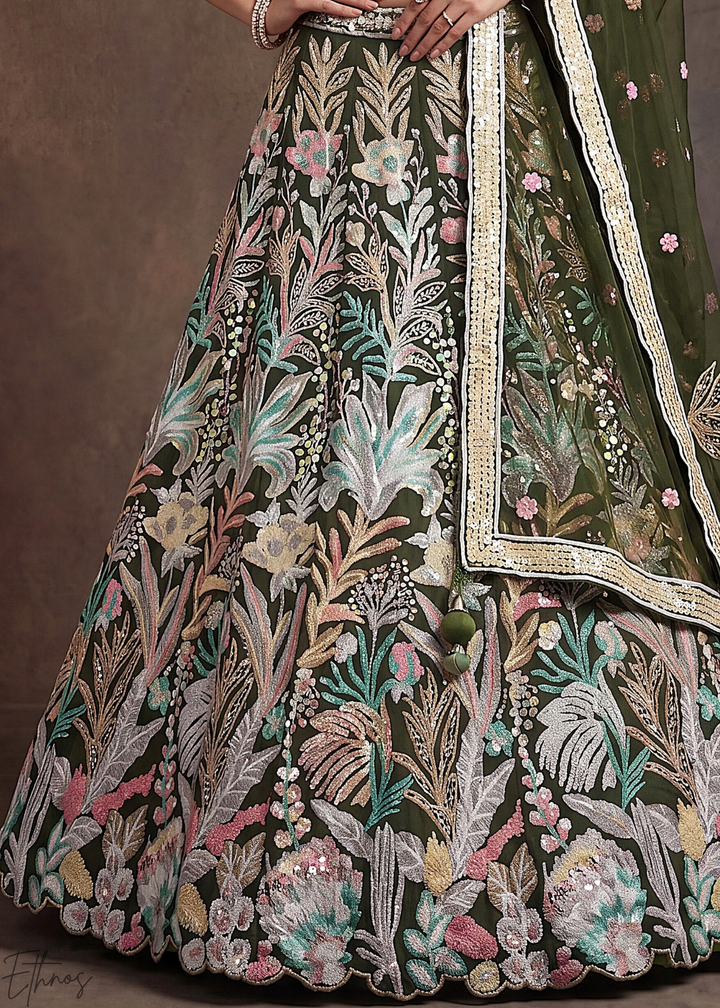 Olive Radiant Blossom Soft Net Lehenga Choli