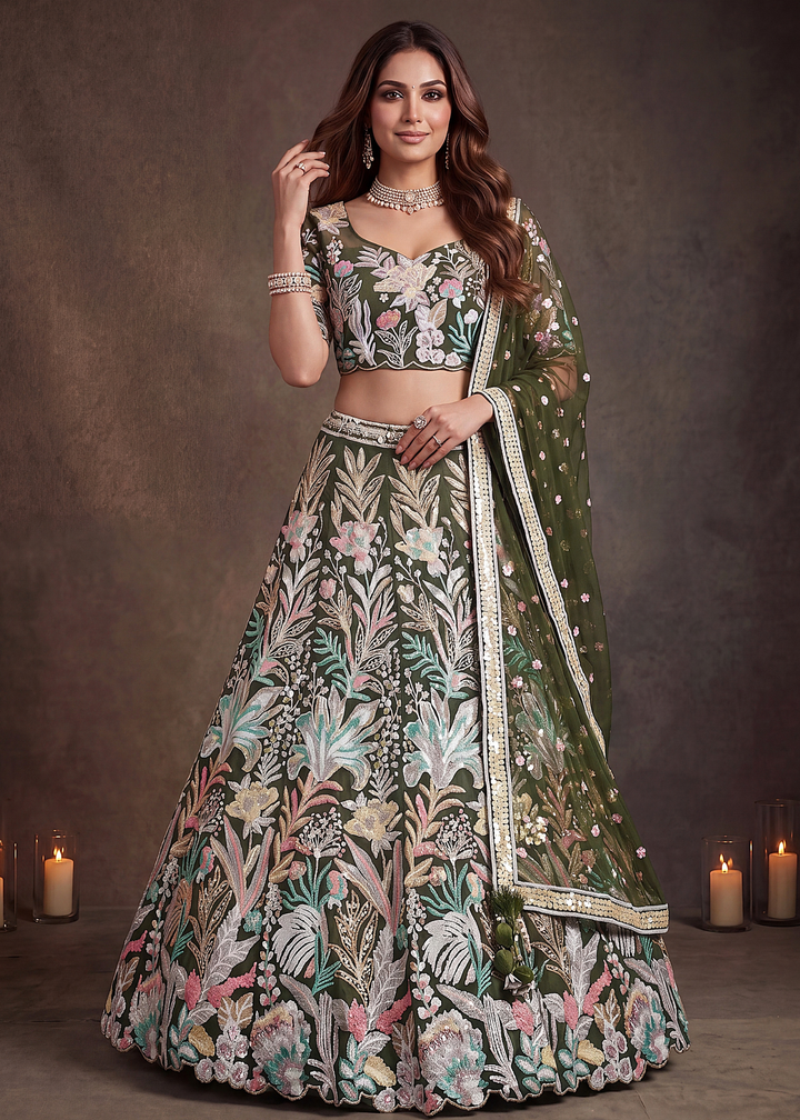 Olive Radiant Blossom Soft Net Lehenga Choli