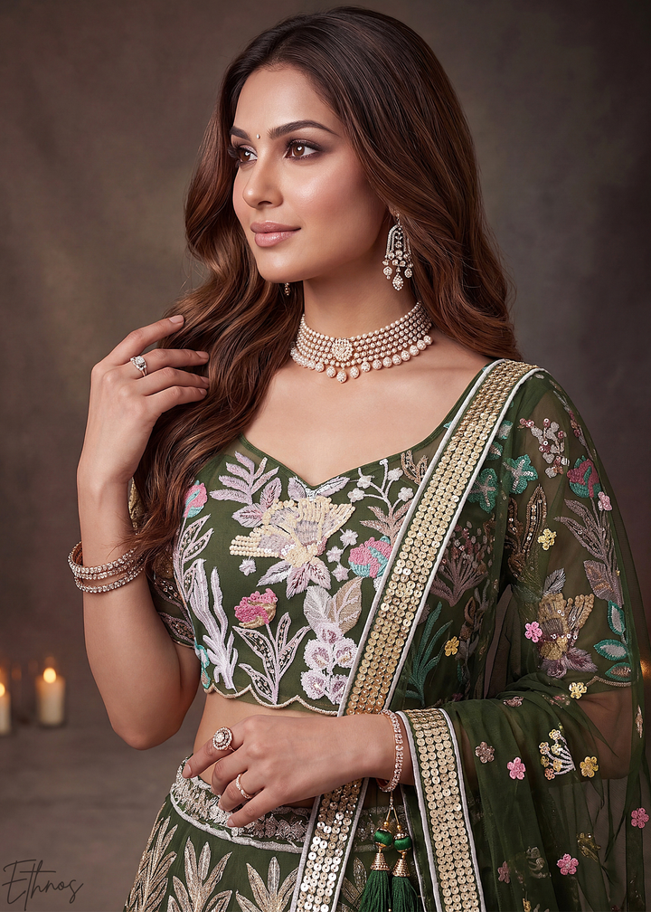 Olive Radiant Blossom Soft Net Lehenga Choli