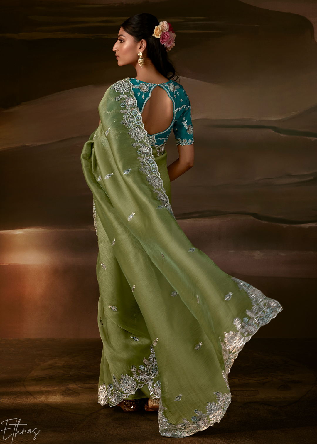 Olive Sage Cutwork Scallop Border Organza Saree
