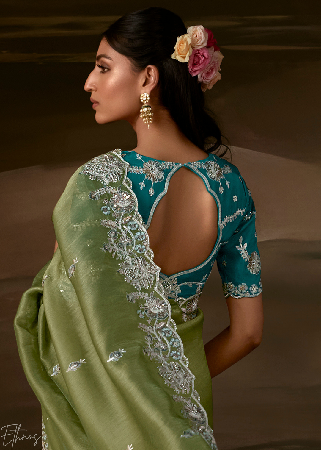 Olive Sage Cutwork Scallop Border Organza Saree