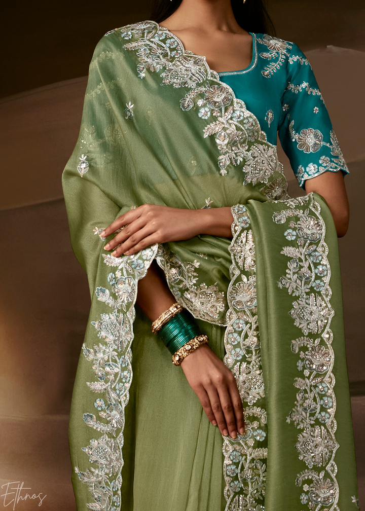 Olive Sage Cutwork Scallop Border Organza Saree