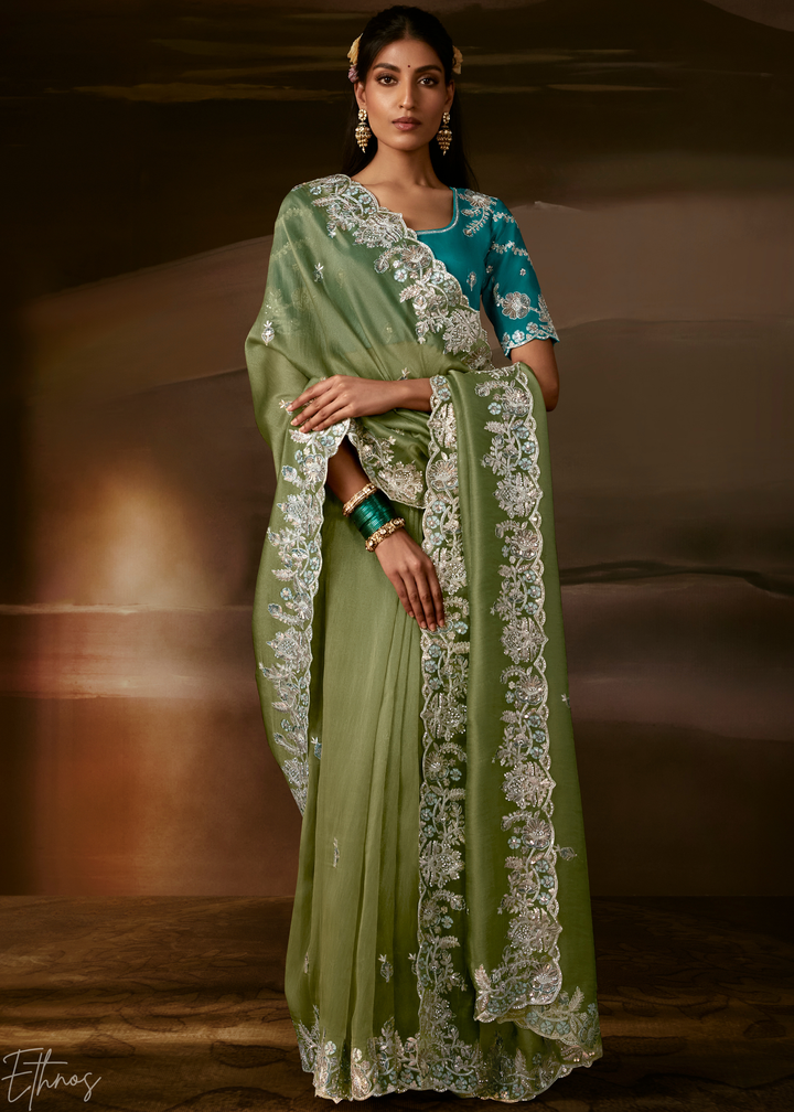 Olive Sage Cutwork Scallop Border Organza Saree