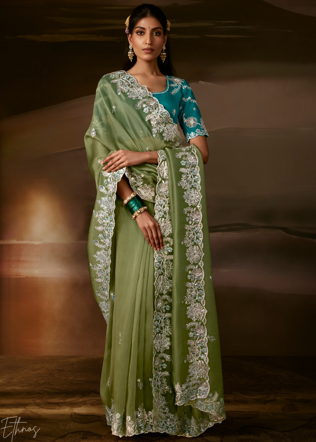 Olive Sage Cutwork Scallop Border Organza Saree