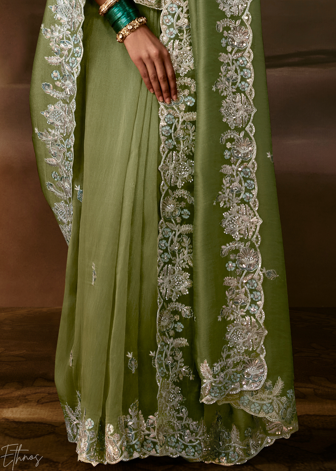 Olive Sage Cutwork Scallop Border Organza Saree
