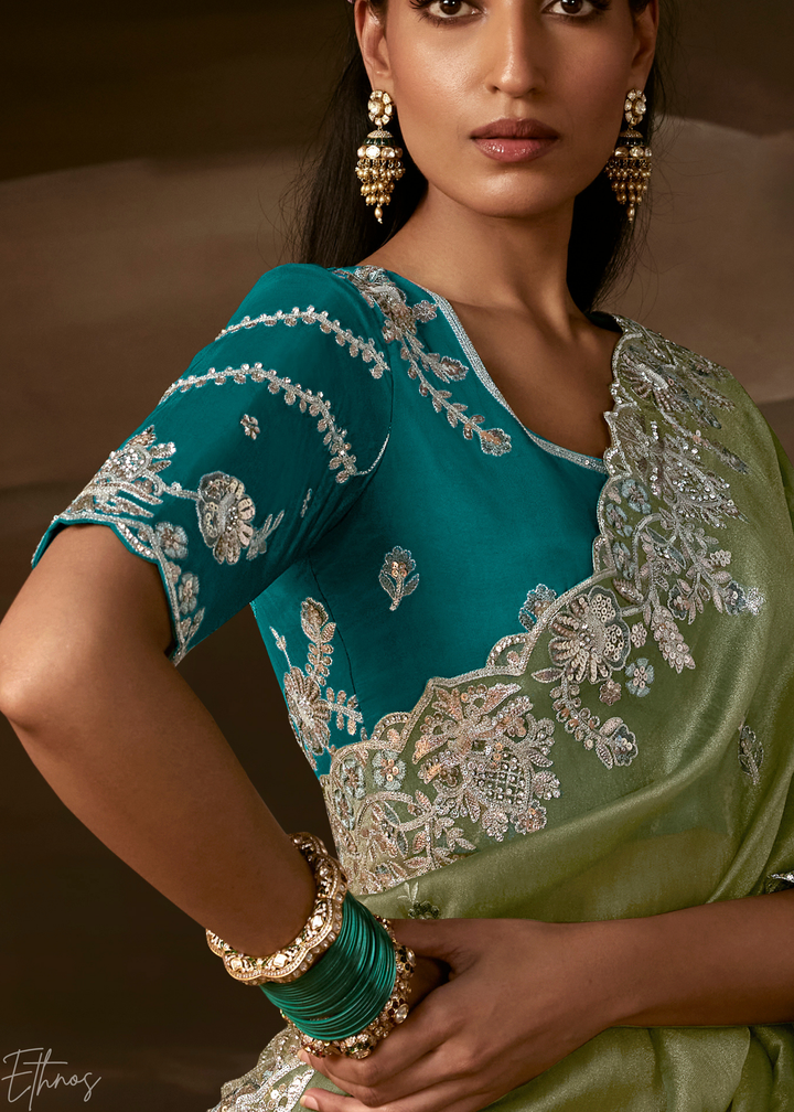 Olive Sage Cutwork Scallop Border Organza Saree