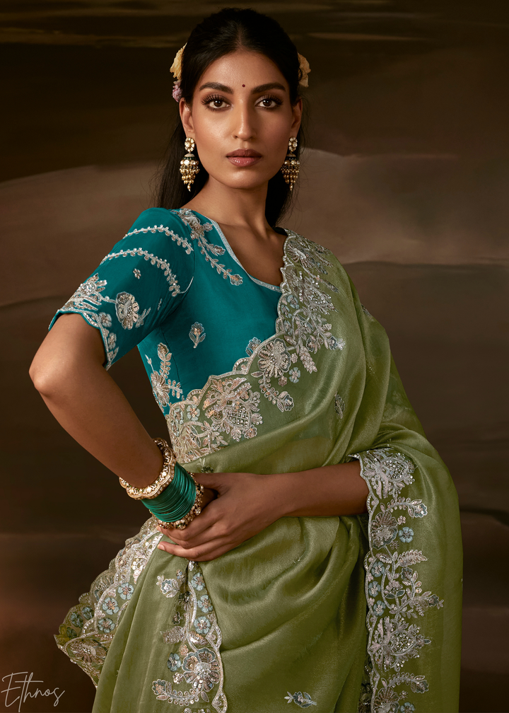 Olive Sage Cutwork Scallop Border Organza Saree