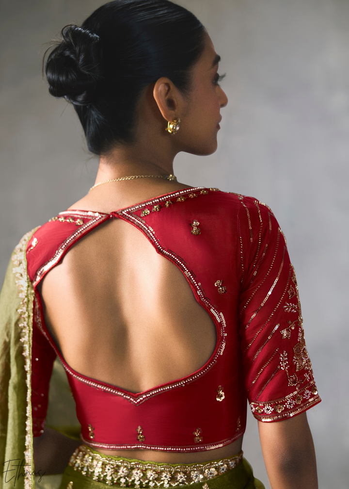 Olive Floral Scallop Beaded Border Silk Saree
