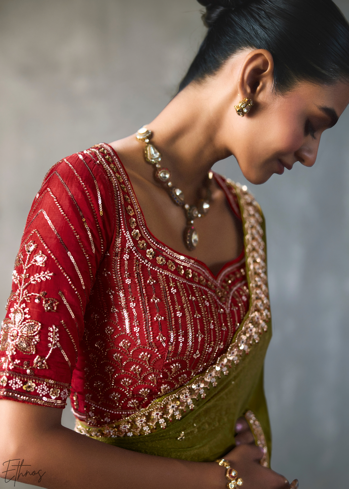 Olive Floral Scallop Beaded Border Silk Saree