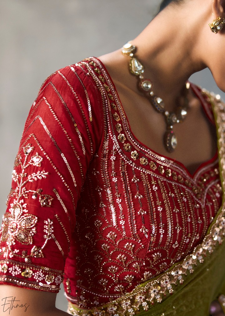 Olive Floral Scallop Beaded Border Silk Saree
