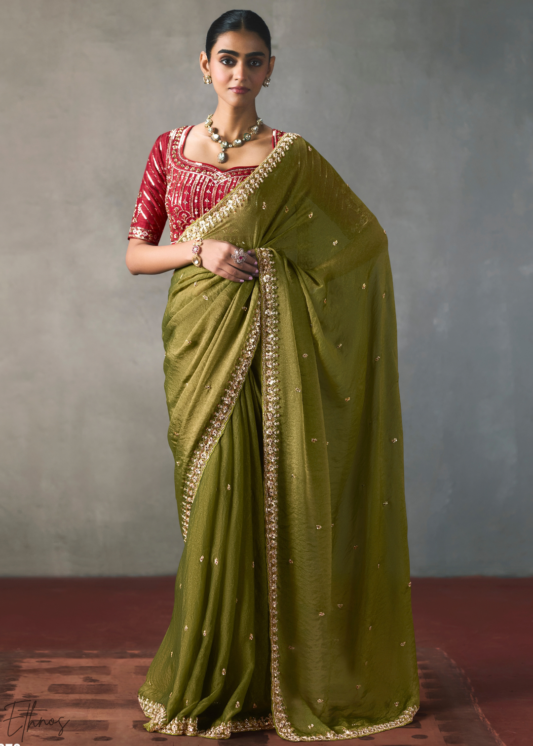 Olive Floral Scallop Beaded Border Silk Saree