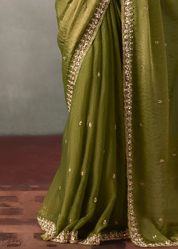 Olive Floral Scallop Beaded Border Silk Saree
