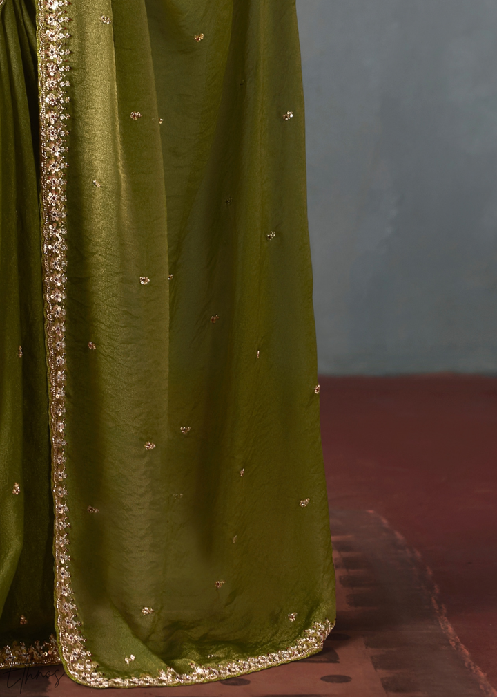 Olive Floral Scallop Beaded Border Silk Saree