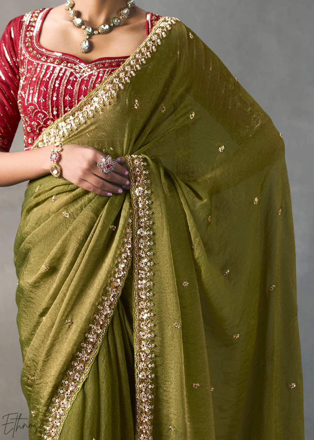 Olive Floral Scallop Beaded Border Silk Saree