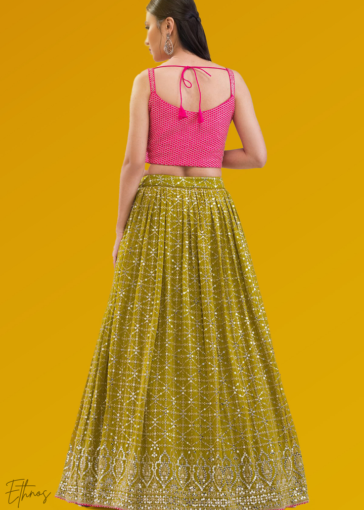 Olive Green Sequins Georgette Lehenga