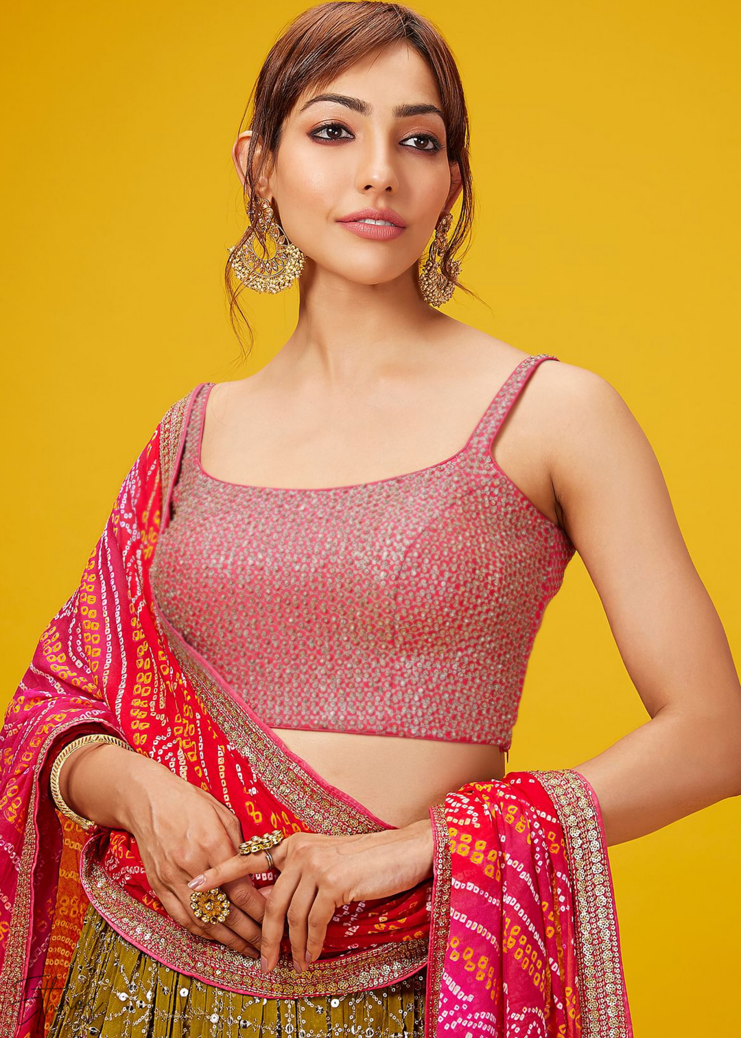 Olive Green Sequins Georgette Lehenga