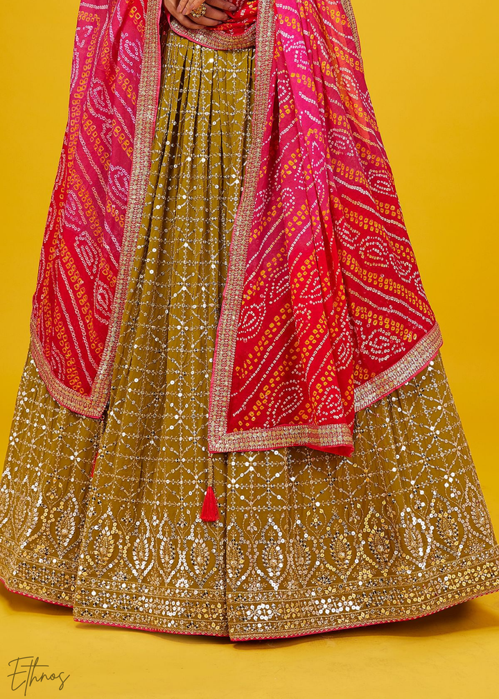 Olive Green Sequins Georgette Lehenga