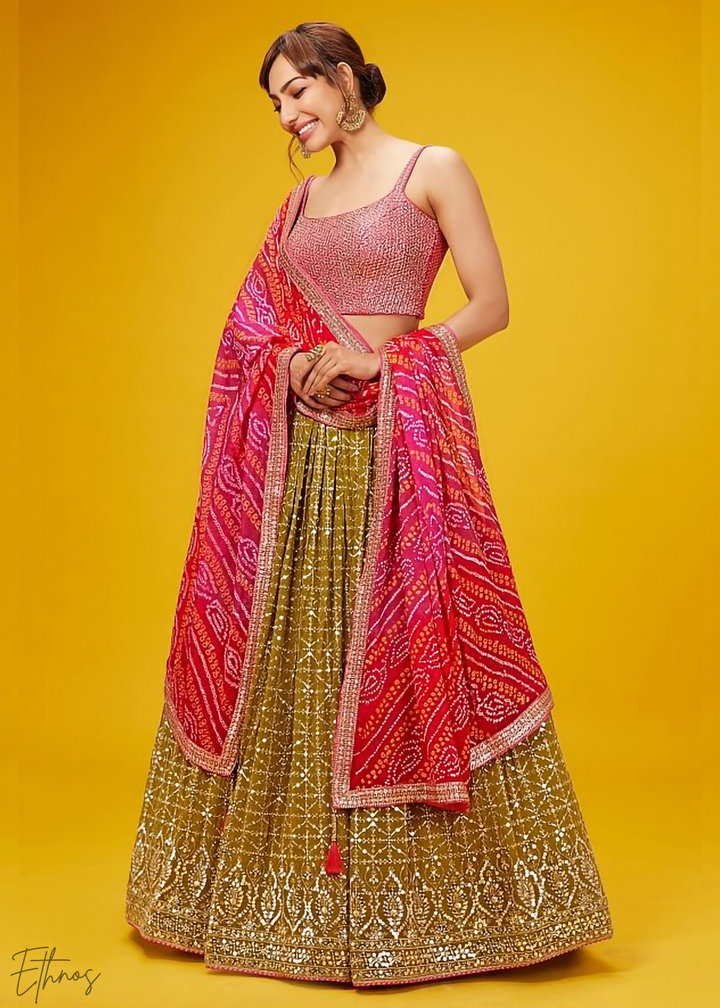 Olive Green Sequins Georgette Lehenga