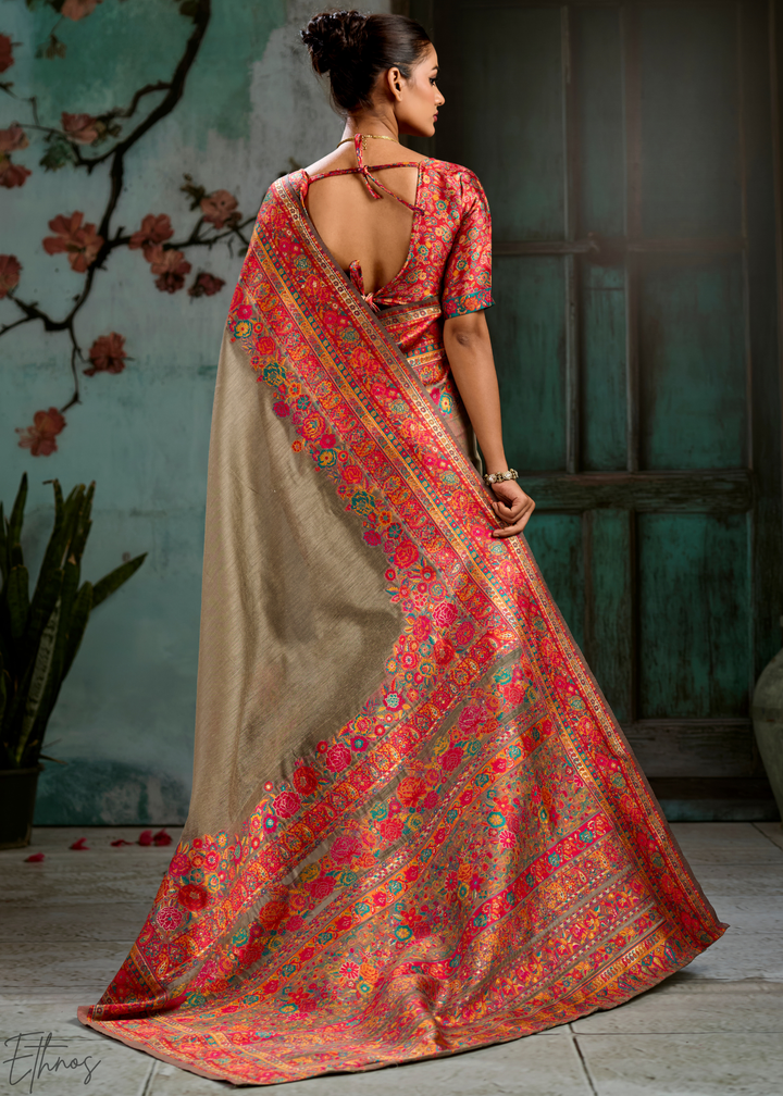 Olive Taupe Kashmiri Kani Pashmina Silk Saree