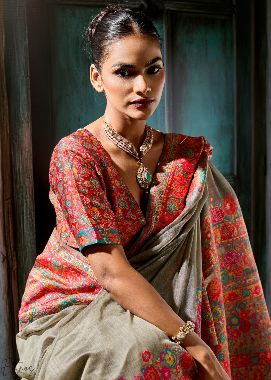 Olive Taupe Kashmiri Kani Pashmina Silk Saree