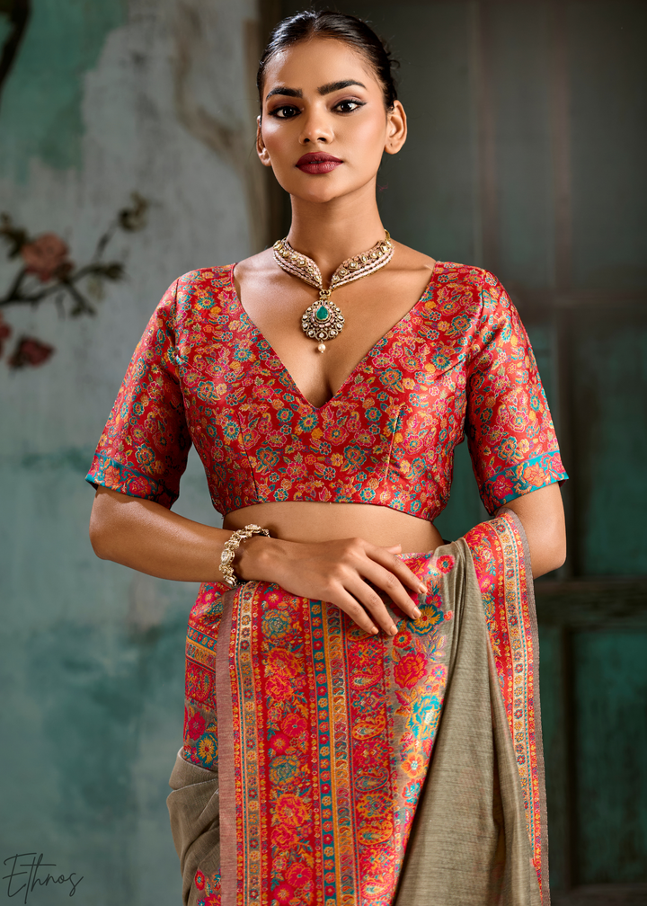 Olive Taupe Kashmiri Kani Pashmina Silk Saree