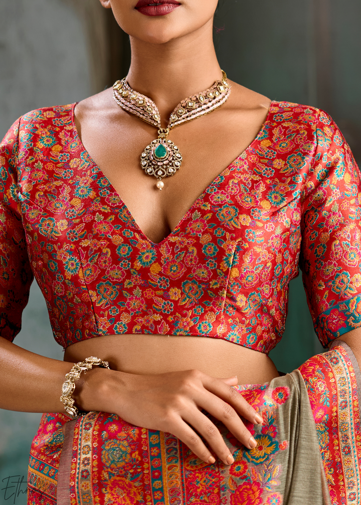 Olive Taupe Kashmiri Kani Pashmina Silk Saree