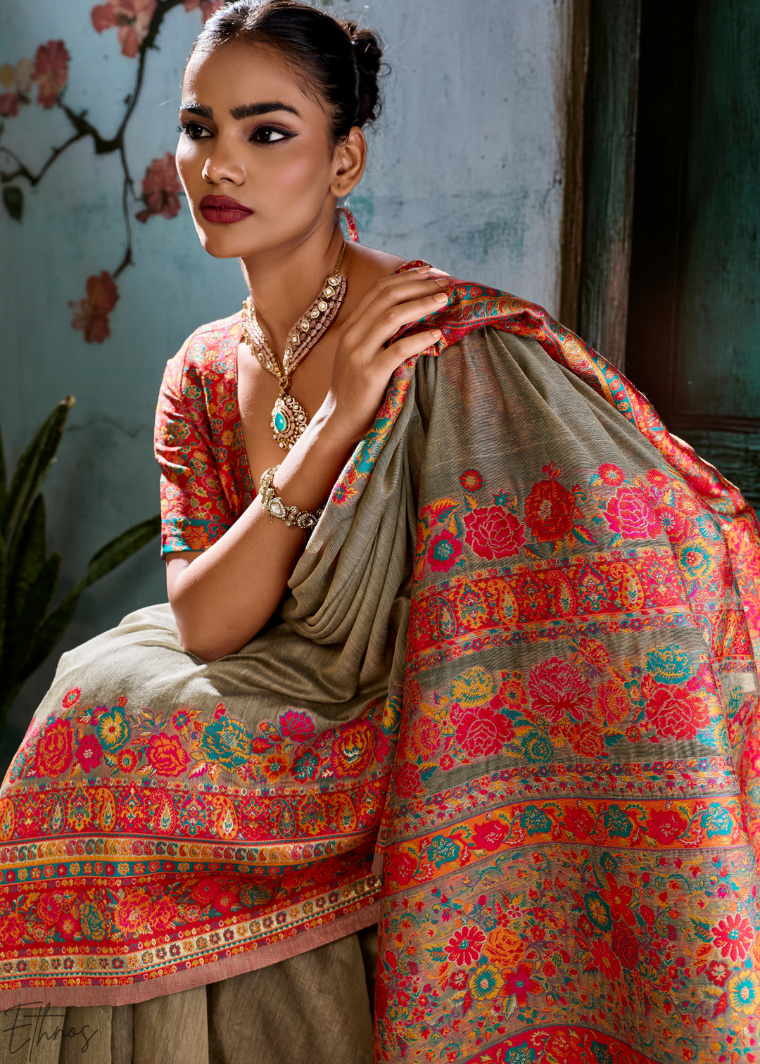 Olive Taupe Kashmiri Kani Pashmina Silk Saree