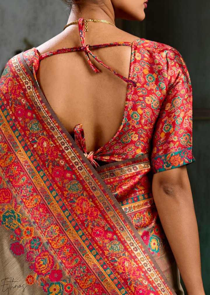 Olive Taupe Kashmiri Kani Pashmina Silk Saree