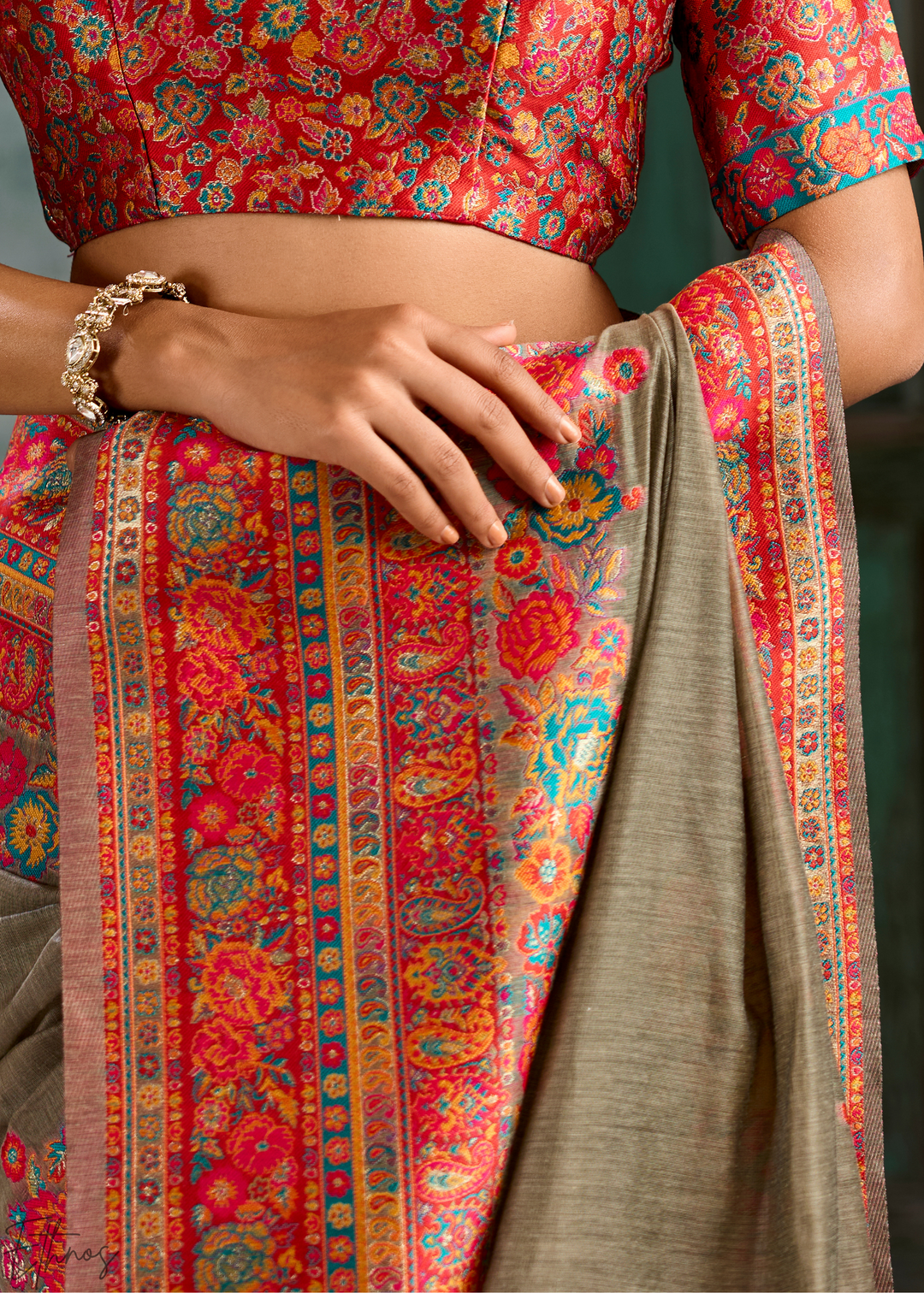 Olive Taupe Kashmiri Kani Pashmina Silk Saree