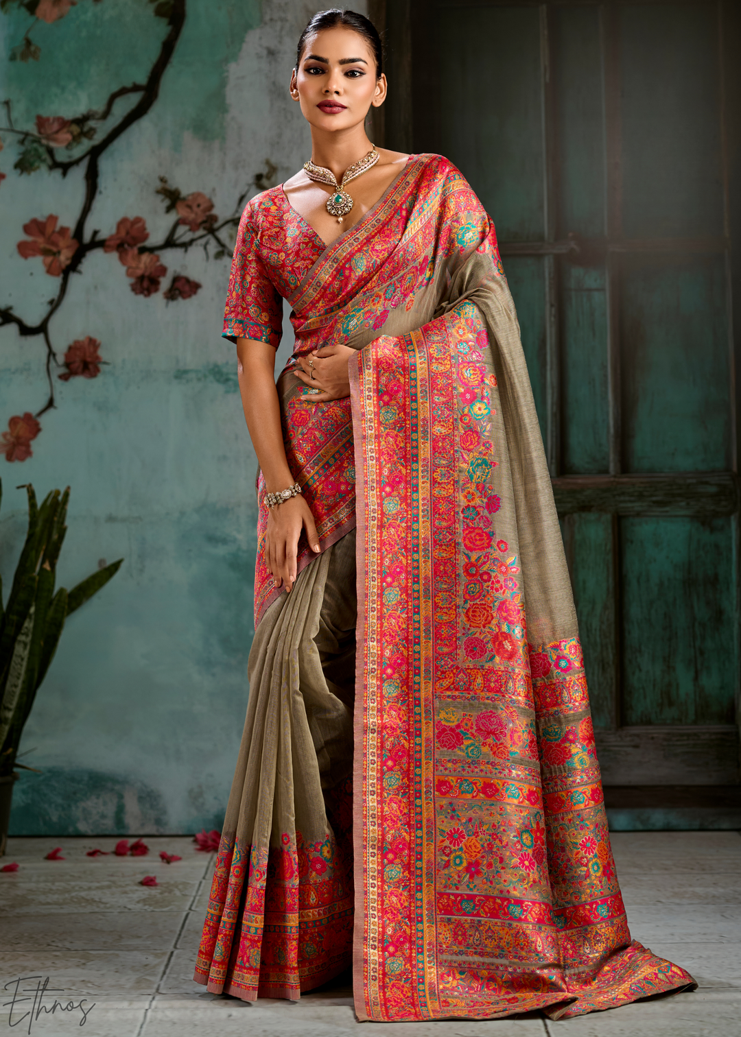 Olive Taupe Kashmiri Kani Pashmina Silk Saree