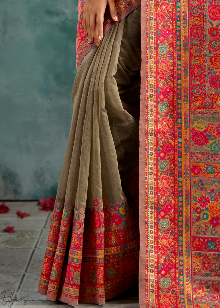 Olive Taupe Kashmiri Kani Pashmina Silk Saree