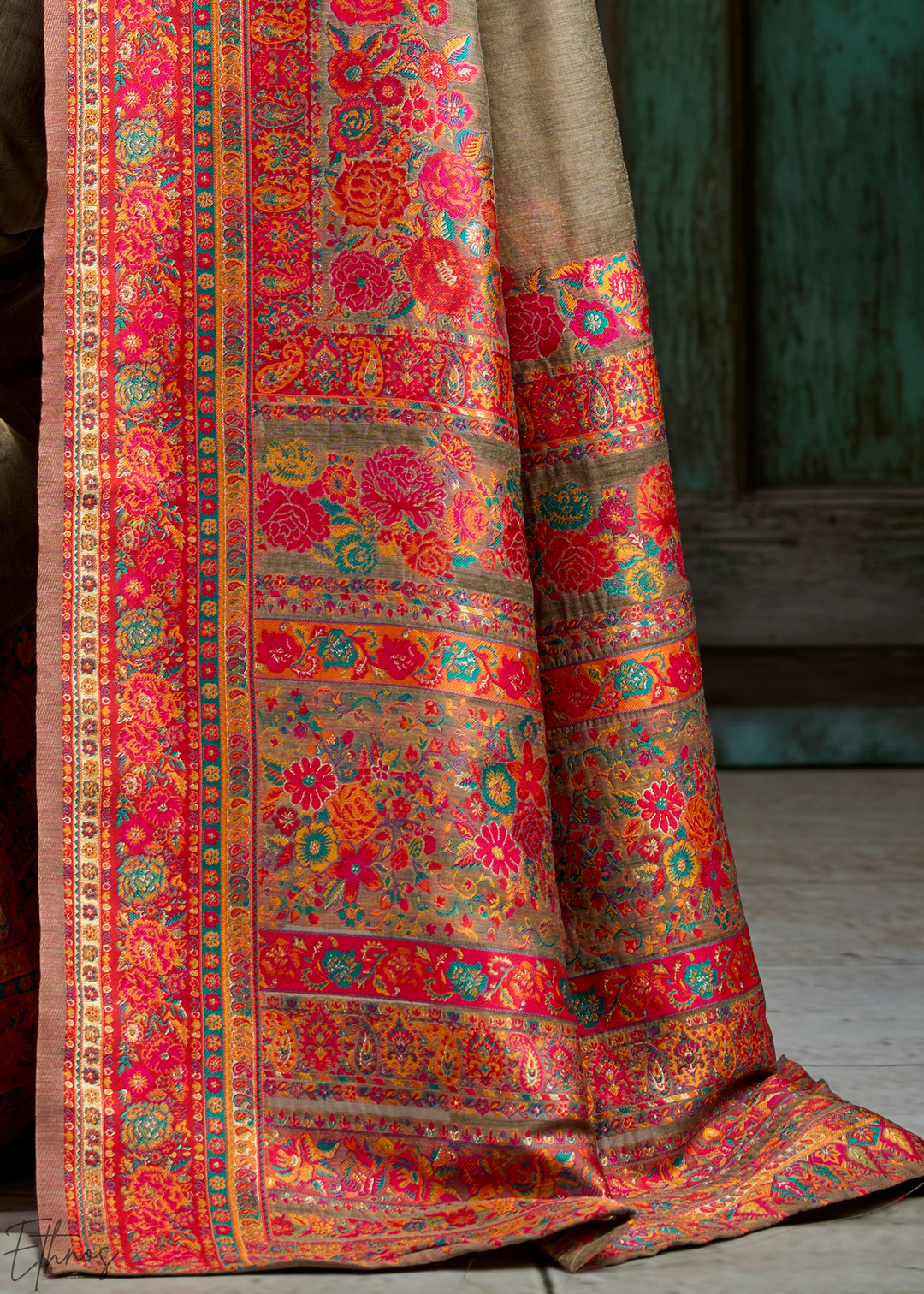 Olive Taupe Kashmiri Kani Pashmina Silk Saree